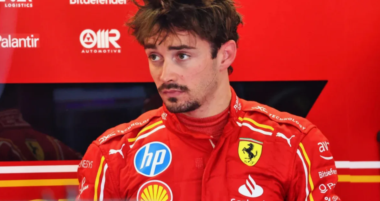 Charles Leclerc driving a Ferrari car at high speed on a race circuit