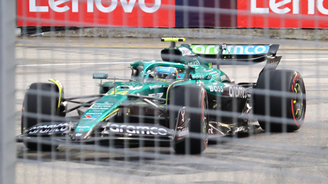 Fernando Alonso's Aston Martin on track