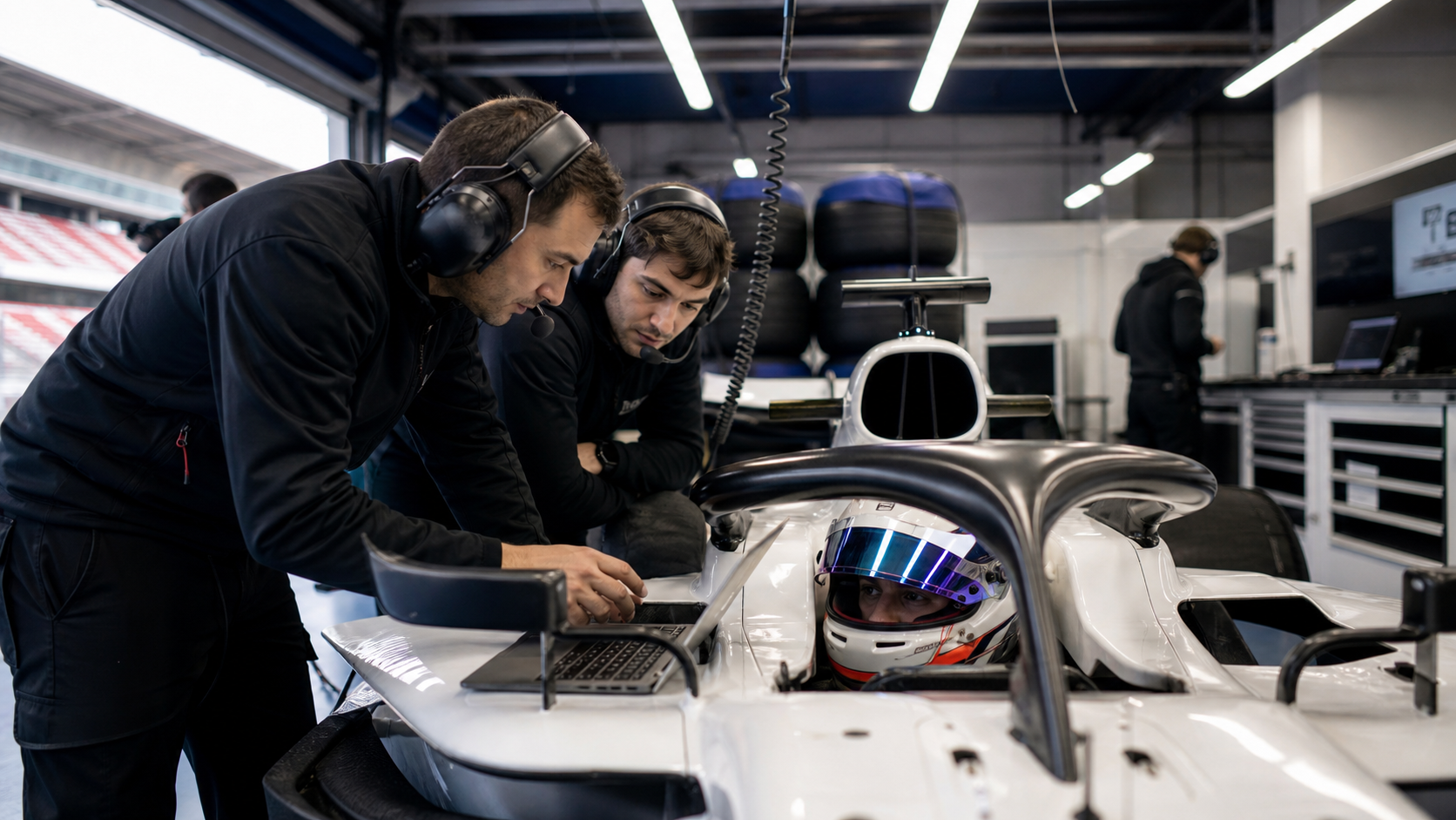 Race engineers reviewing data beside a Formula-style car in a garage