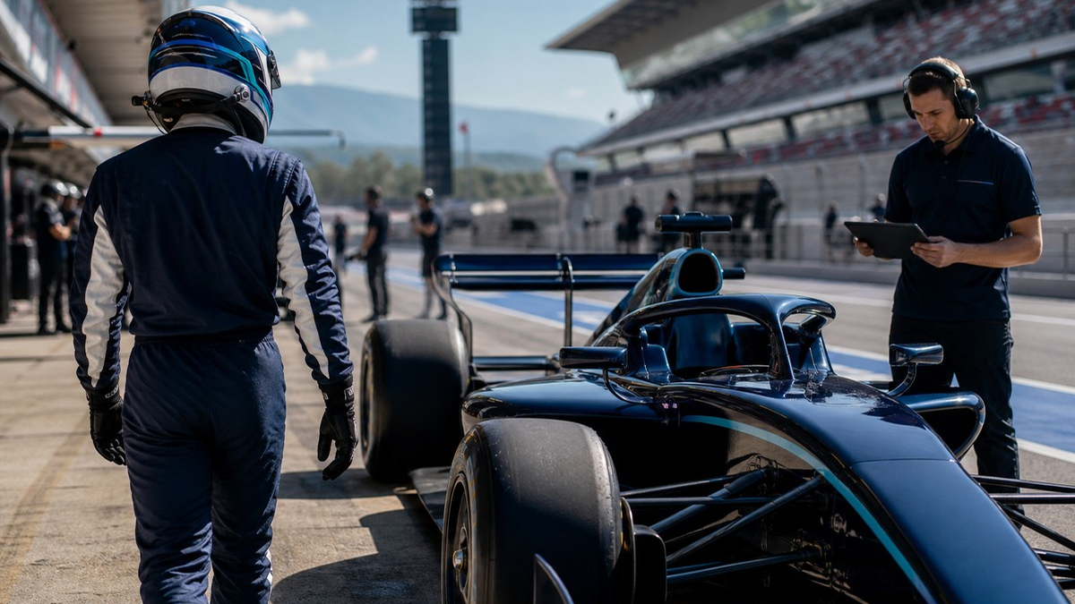 Rookie driver walking through the Barcelona pit lane before FP1