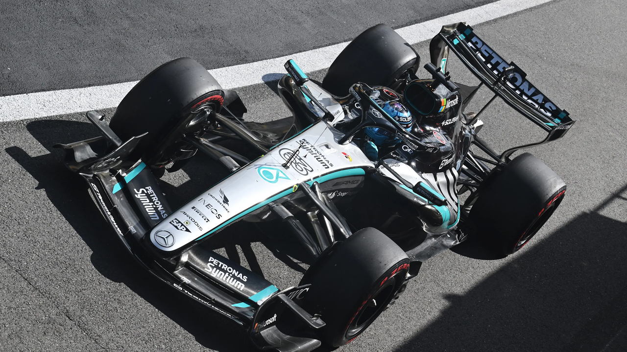 George Russell drives the Mercedes W17 at Silverstone