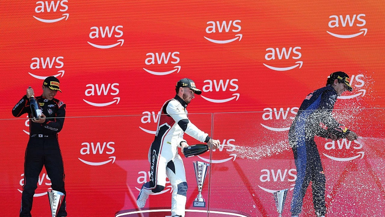 Formula 3 drivers celebrate together on the Budapest podium