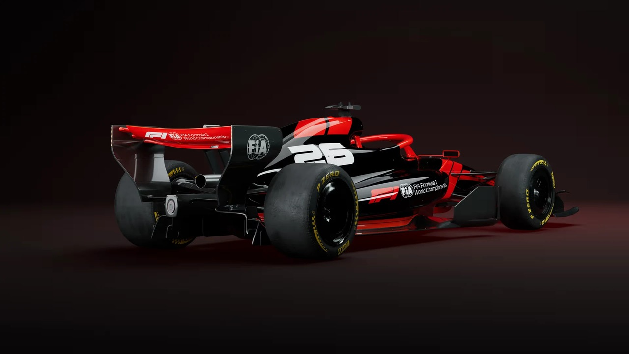 A Formula 1 car is shown from the rear and side