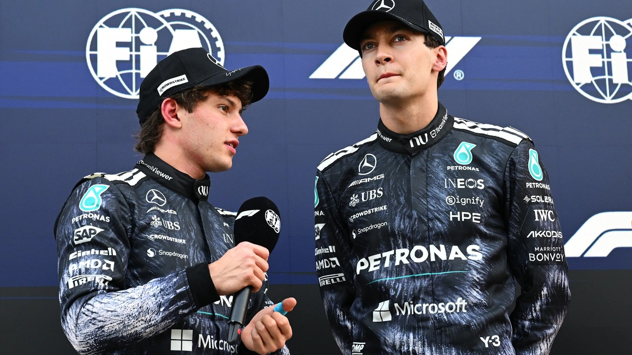 George Russell and Kimi Antonelli speak in Mercedes race suits